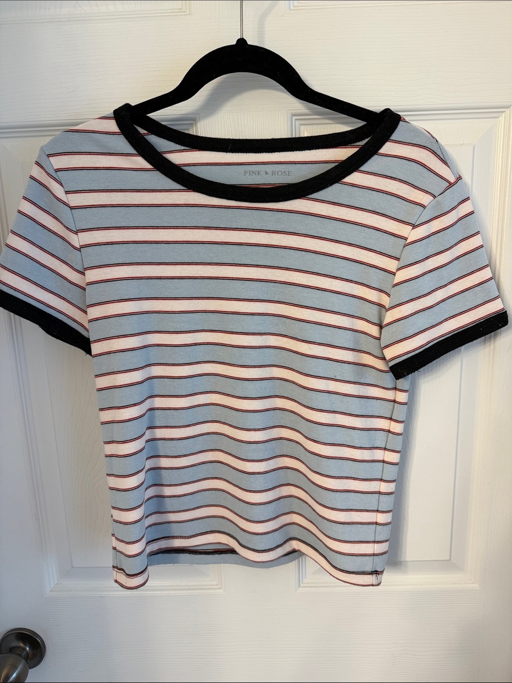 Pink Rose Light Blue, Red and White Striped Ringer Tee with Navy Trim